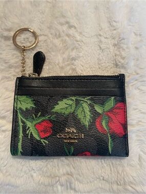 Coach Fairytale Black Floral Card Case with Gold Keyring